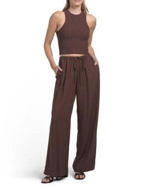 Hunter & Brown Size L Rayon Wide Leg Pants Brown Relaxed Fit Loungewear